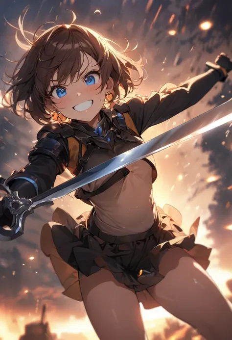 Brat, ((masterpiece)), High resolution, 10 years old、girl、 Brown Hair、Short Bob、((smile、Grin))、Excited、Sweating all over the body、Bright Blue Eyes、smile、((Grin))、Earrings、(((Fight with a sword)))、Sparks fly、Disturbed、Light、highlight、Motion Blur、Simple armo...