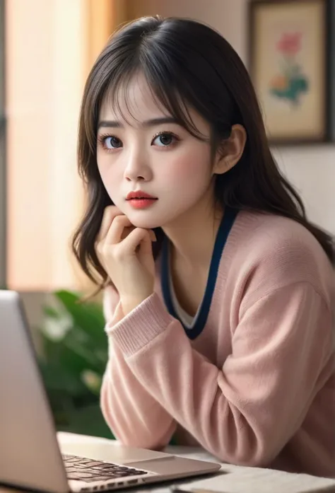 a beautiful Vietnamese girl in short pajamas, cute mole on the corner of her mouth, focused on working on her laptop, extremely detailed face and eyes, single eyelid, long eyelashes, warm lighting, soft colors, cozy interior setting, cinematic composition,...