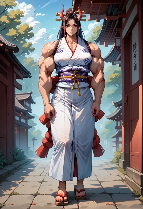 masterpiece, best quality), best resolution, yamato, red oni horns, earrings, hair stick, bare shoulders, japanese clothes, kimono, rope, sleeveless kimono, shimenawa, high ponytail, extreme muscular body, full body.