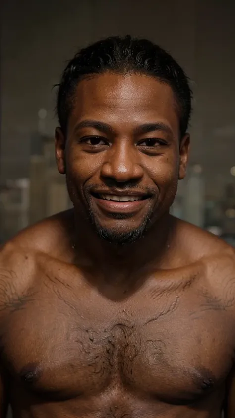 ((long distance shot:1.5)), a black man, small beard, wrinkled, weathered, with piercing eyes, laughing, detailed face, high details, looking at the Manhattan, Manhattan on the background, naked