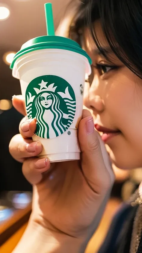 close up photo of starbucks drink being held by a girls hand, aesthetic instagram story --ar 9:16 --style raw --stylize 50