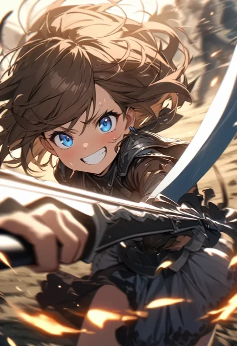 Brat, ((masterpiece)), High resolution, 10 years old、girl、 Brown Hair、Short Bob、((smile、Grin))、Excited、Sweating all over the body、Bright Blue Eyes、smile、((Grin))、Earrings、(((Holding a long sword、Cut in half)))、((Deathblow、mystery))、Sparks fly、Disturbed、Lig...