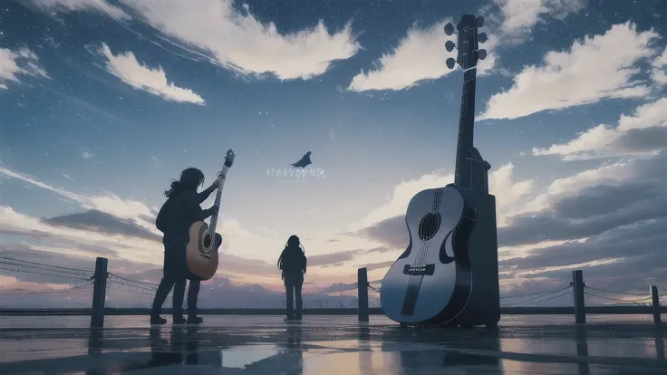 Acoustic guitar,Pitch black night sky,Octane, Star (zero), scenery, Blue parakeet,The acoustic guitar is placed in front of the body.,Star, night, Back view, Outdoor, city,Blue parakeet,building, cloud, Heavenly River,silhouette