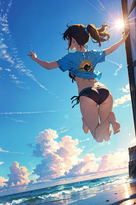 (Looking up at the blue sky:1.3), Ocean, sun, Angle looking up from below, (Girl wearing a T-shirt over a bikini:1.1), (big lauth:1.3), (detailed eye:1.3), (Back view:1.3), ponytail, Spread your arms and take a big jump, arms up, split knees, Jumping with ...