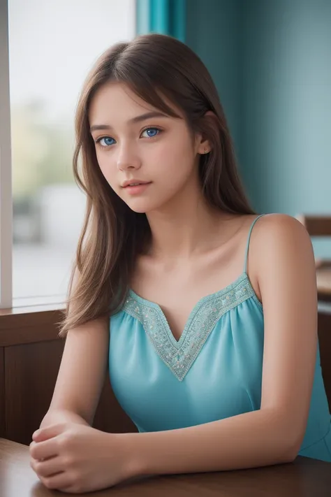 A 16-year-old girl with slightly tanned skin, blue eyes, light brown hair mixed with light highlights, wearing a cyan dress in a cafe, intricate details, photorealistic, 8k, high quality, warm lighting, cinematic composition, elegant, serene atmosphere, de...