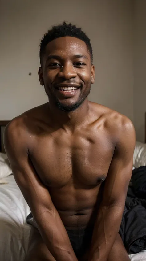 ((long distance shot:1.5)), a black man, small beard, wrinkled, weathered, with piercing eyes, laughing, detailed face, high details, posing on the bed, apartment on the background, naked