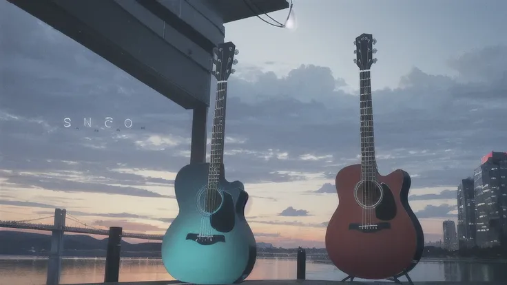 Acoustic guitar,Pitch black night sky,Octane, Star (zero), scenery, Blue parakeet,The acoustic guitar is placed in front of the body.,Star, night, Back view, Outdoor, city,Blue parakeet,building, cloud, Heavenly River,silhouette