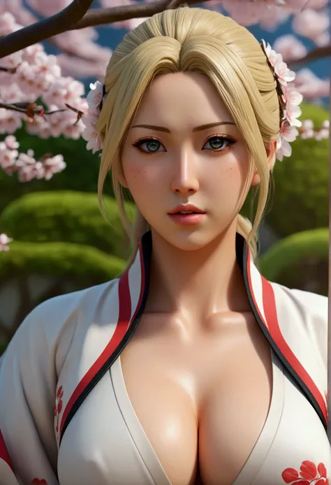 Madura tsunade senju, large breasts, slim legs, blonde hair, [beautiful detailed eyes, beautiful detailed lips, extremely detailed eyes and face, long eyelashes], [illustration, oil painting, 3D rendering, photography] medium, (best quality, 4k, 8k, highre...