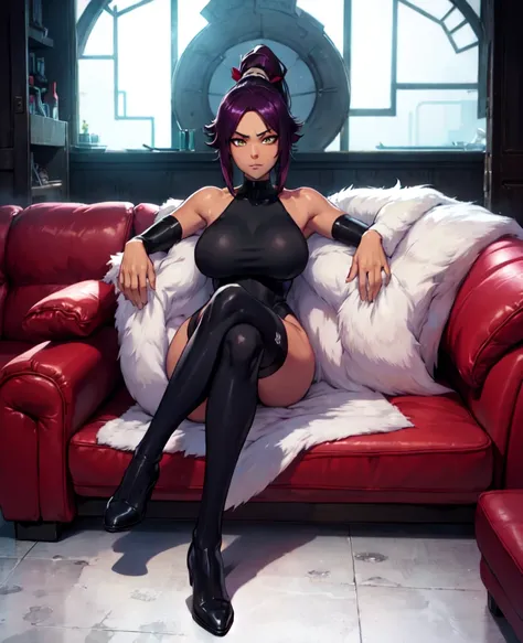 1girl, sofa, sitting, legs crossed, bodysuit, black bodysuit, bare arms, bare shoulders, (large breasts:1.2), yoruichi shihouin, dark skin, dark-skinned female, ponytail, purple hair, yellow eyes, (black leotard:1.4), thighhighs, full body, ((Leg Crossing ...