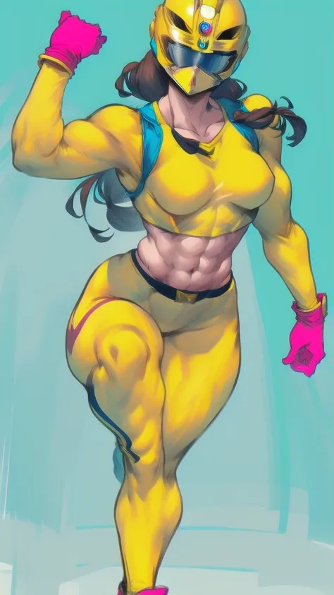 Full body image of the Yellow Ranger from Power Rangers, full body in image, wearing the original yellow suit with helmet, long hair (if visible), female body, athletic and fit body, dynamic pose, detailed pose, simple background, expressive face (if helme...