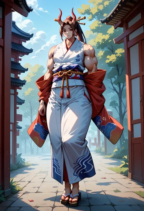 masterpiece, best quality), best resolution, yamato femboy, red oni horns, earrings, hair stick, bare shoulders, japanese clothes, kimono, rope, sleeveless kimono, shimenawa, high ponytail, gigantic muscular body, full body.