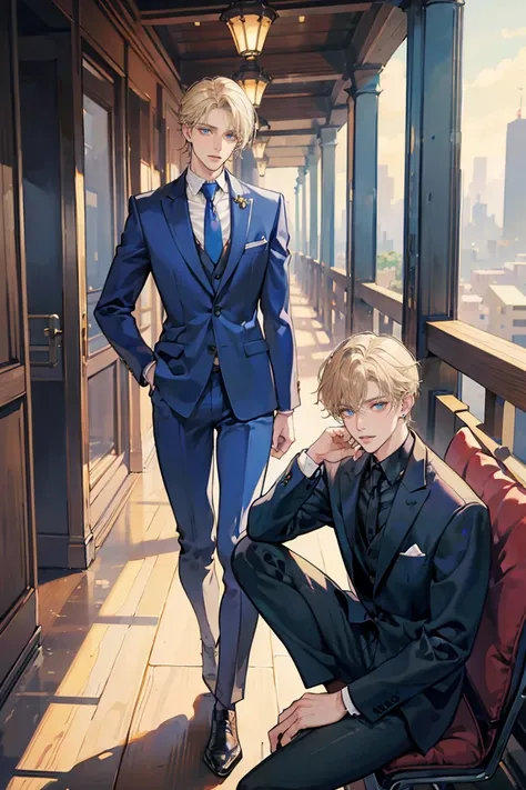 (masterpiece), best quality, seductive eyes, perfect face, handsome man, blue eyes, middle part blonde hair, long nose, tan brown skin, business suit, extremely tall man, long legs, long calves, full body, tall man, long legs, anime cover, 1boy, ear pierci...