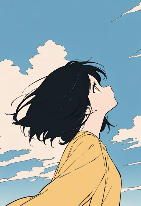 {{flat color}}, 1girl, black hair, sky, cloud, short hair, yellow shirt, outdoor, solo, day, from side, looking up,  upper body,  wind