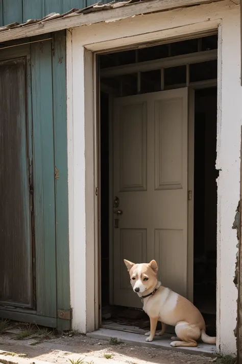 A light-colored little dog is sitting in front of an old, shadowy house. The house is partially enveloped in shadows, with dusty windows and a desolate appearance. In the door or one of the windows, there is the threatening silhouette of a woman who seems ...