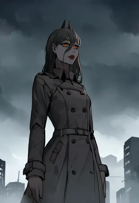 1girl, wearing a trenchcoat, in a foggy rainy city, looking forward slightly wet, small breasted,city,foggy,rainy,overcast,moody...