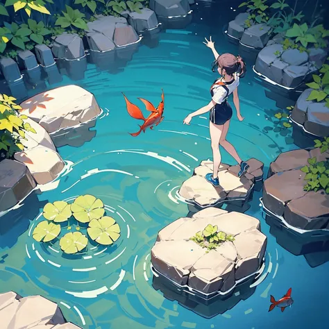 Woman walking on calm water, ((from above:1.5)), From above, Overlooking、Dancing Woman、Bottom Fish, Aquatic plants, Pool, Fish shadow
