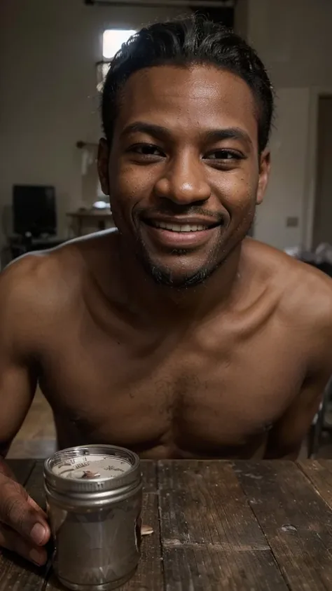 ((long distance shot:1.5)), a black man, small beard, wrinkled, weathered, with piercing eyes, laughing, detailed face, high details, posing on the table, apartment on the background, naked