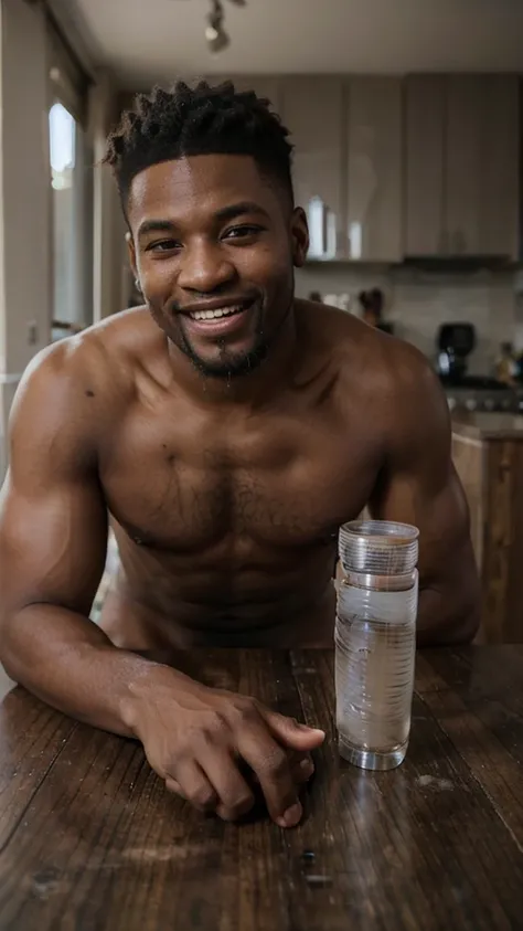 ((long distance shot:1.5)), a black man, small beard, wrinkled, weathered, with piercing eyes, laughing, detailed face, high details, posing on the table, apartment on the background, naked