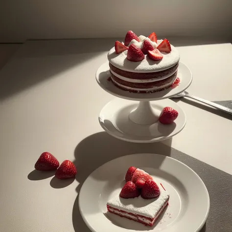 top angle shoot, A slice of red velvet cake with strawberries and powdered sugar. Served on a white plate, with clean limbo background, dramatic light, mood & tone tempting, delicious food photography ((masterpiece)) (sharp & detail texture food photograph...