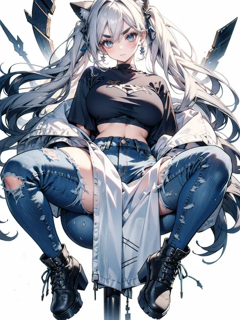  Focus on shoes, (White Hair Girl), (Thick, dark blue eyebrows:1.4), (Dark blue eyebrows:1.7), (Thick eyebrows:1.3), (Huge black fluffy animal ears:1.1), (Black animal ears:1.1), BREAK, (((Mesh Stitching Crop T-Shirt, Cutout Long Sleeve Top))),BREAK, (Big ...