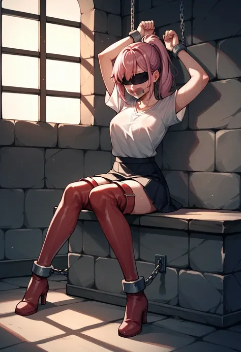 check_9, check_8_up, check_7_up, check_6_up, check_5_up, check_4_up, source_Anime, 1 woman, BDSM, value, pink hair, ponytail, blindfold, tape your mouth shut, WW chain, an instrument of torture, shackles, raise your hands, dirty hair, Sweaty Shirt, skirt, ...