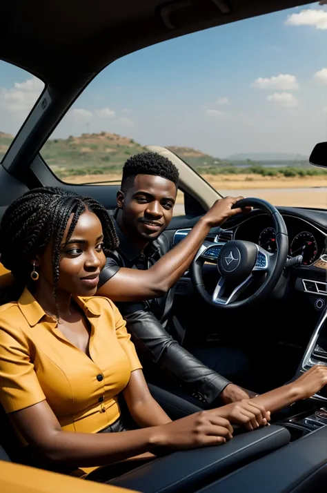 Cartoon picture of a male and female in a luxury car with their name alheri and ngode