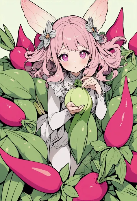 a  fairy flying over a pile of Radishes , holding one Radish on her hand