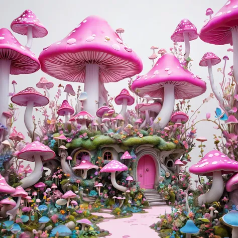 psychedelic art:1.6.由苹pink buds制成的极简主义建筑组合, decorated with flowers and mushrooms，pink buds， creating a surreal and dreamlike par...