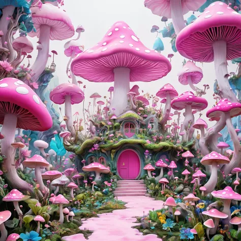 psychedelic art:1.6.由苹pink buds制成的极简主义建筑组合, decorated with flowers and mushrooms，pink buds， creating a surreal and dreamlike par...