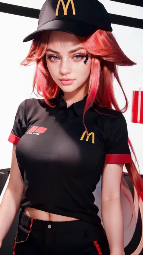 a naughty young fast food worker girl, cleavage, beautiful detailed eyes, beautiful detailed lips, extremely detailed eyes and face, long eyelashes, tight uniform, intriguing expression, (best quality,4k,8k,highres,masterpiece:1.2),ultra-detailed,(realisti...