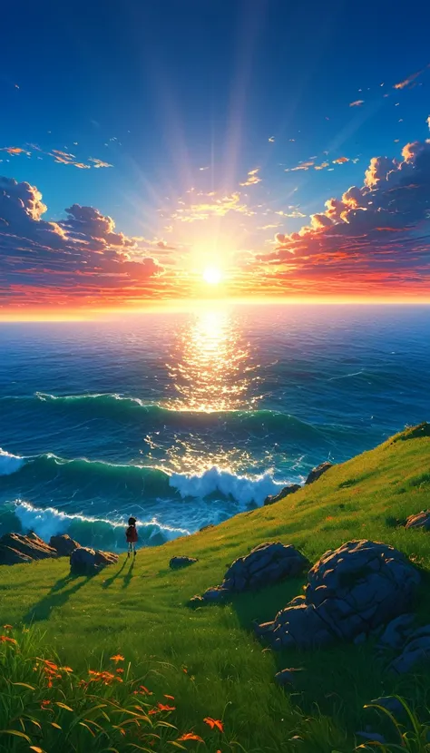 Masterpiece, high quality, 8K Ultra HD. The image shows a  with a flashlight shining into the sky watching the anime The Scary Ocean at Dusk from a grassy hill, with a background of vibrant blue sky and the red and orange tones of the sun. 4k anime art wal...