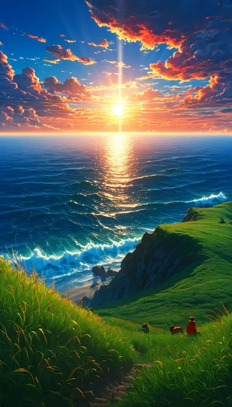 Masterpiece, high quality, 8K Ultra HD. The image shows a  with a flashlight shining into the sky watching the anime The Scary Ocean at Dusk from a grassy hill, with a background of vibrant blue sky and the red and orange tones of the sun. 4k anime art wal...