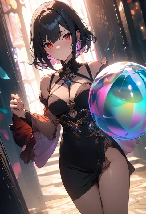 (masterpiece, Highest quality:1.2), a girl with black hair, red eyes, artwork,  holding a translucent ball, extravagant and illustrative, dreamy color palette, cyan and amber, cinematic lighting.