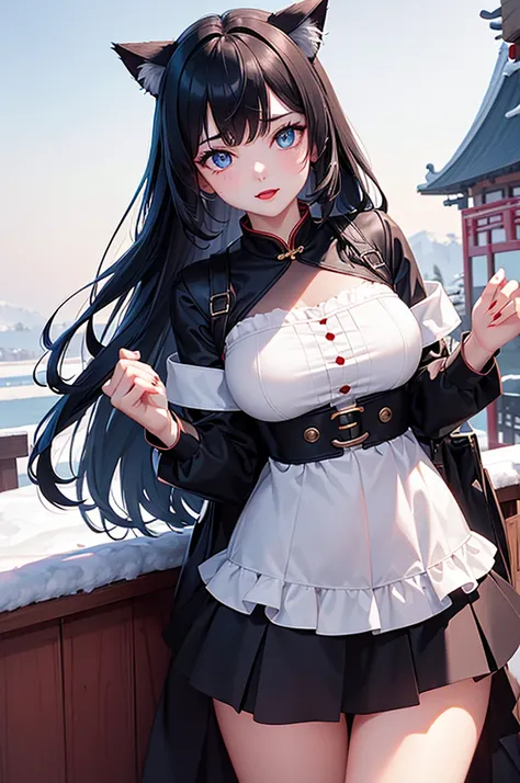 Detailed facial details，16 years old，1 girl，Red lips，Cat ear，Black long hair，Large Breasts，Slim，Wearing a snow-white shirt，Short skirt，Charming blue eyes，Handcuffs，Collar，Radiant Skin，Winter snow，Chinese traditional wooden beam