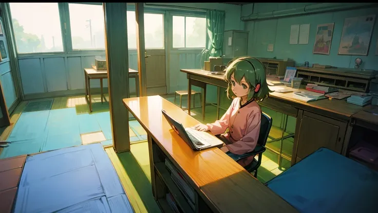 anime character sitting at a desk with a laptop and headphones, lofi girl, lofi artstyle, style in ghibli anime, style in ghibli anime style, lofi colors, lofi art, ghibli studio anime style, lofi girl aesthetic, satoshi kon artstyle, chihiro! fujisaki, lo...