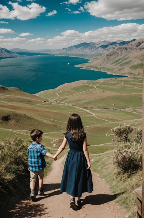 A young girl holding the hand of a boy they are in love in a beautiful landscape and a sign that says I Love You Endrymar 