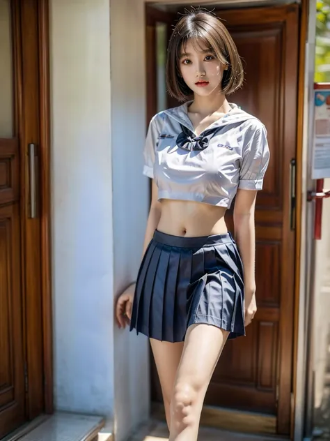 women in school, ((thai student uniform , white crop top)), blue school skirt, open the navel, open belly, (showing the abdomina...