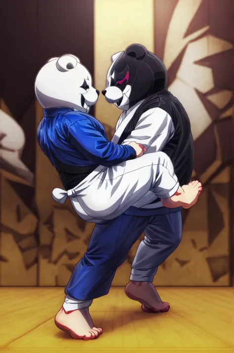 (((barefoot furry character, full body, cinematic setting, furry male, plantigrade))) 2boys, 2bears, judo fight

(((monokuma))),...