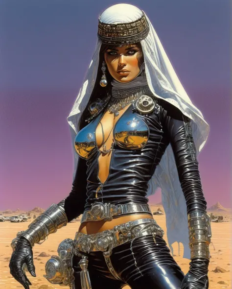 Richard Hescox Style - Art style by Noriyoshi Ohrai, Hajime Sorayama, Hiroshi Nagai, (Masterpiece, Top Quality, Super Deatail, High Resolution, Best Illustration), "An exceptional Saudi Arabian Bedouin female warrior adorned in a sleek, black metallic mech...