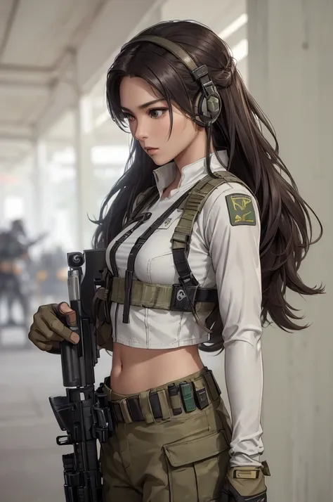 ((woman in white holding a rifle and wearing headphones)), 24 year old woman, filipino women, bronze tan skin, young soldier, me...