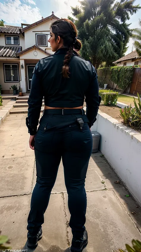 Ultra realistic photography of a thick police woman, 35 years old, police pants, view from behind, big hips, high quality, hyperrealistic, outside of the house, Mexican police 