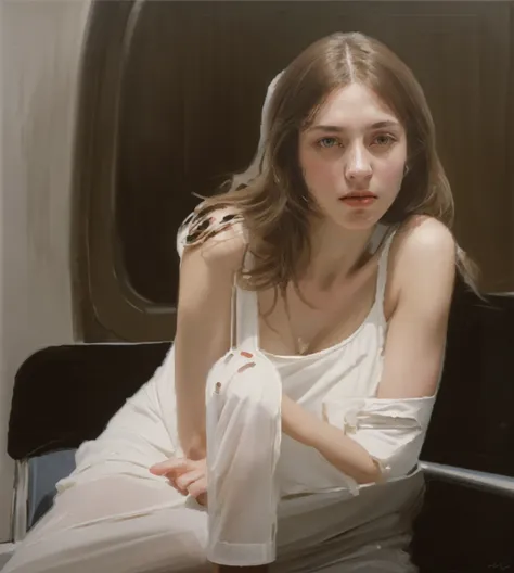 oil painting of an elegant slim woman sitting in a metro car ((one woman only)) ((woman dressed in white)) modern dress, brown h...