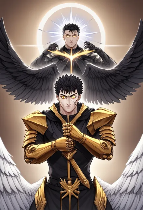 1man, adult, angel, pale skin, black hair, very short hair, white hairlocks, golden eyes, broken face, crack on the face, radiance coming from the crack, missing eye, black wings, eyed wings, bird legs, black robes, golden details, golden shoulder pads, go...