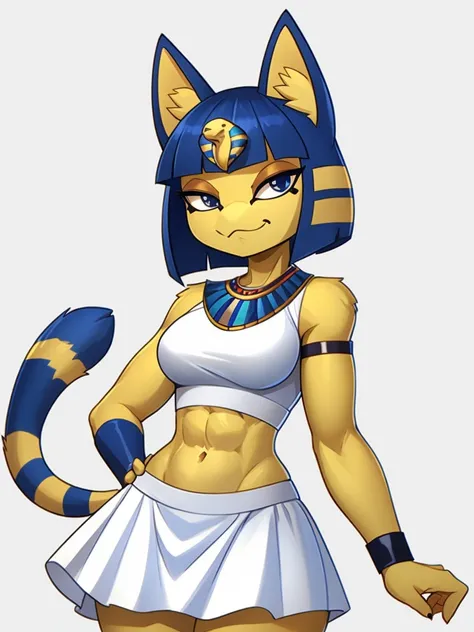 ((masterpiece)), ((best quality)), ((perfect face)), trending on artstation, furry style, anthro style, furry, digital artwork of ankha with abs, a bare midriff and a bare navel wearing a crop top sleeveless white dress with white long dress skirt, blue Eg...