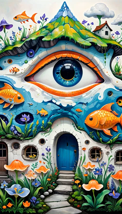 children's graffiti,thick coating，concave and convex texture，oil pastel strokes：stone house，eye，mouth，a cloud、iris、fish、tentacle...