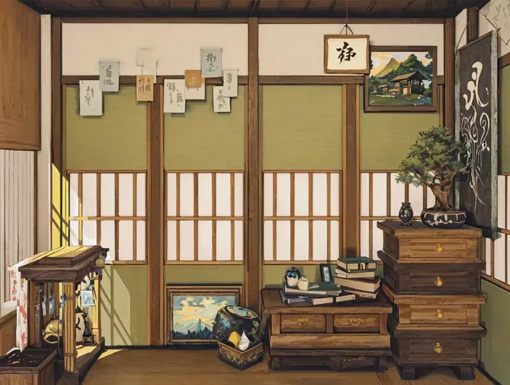 there is a room，there are a lot of furniture and a window inside, personal room background, inspired by yoshida toshi, room of t...