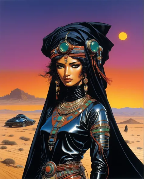 amano yoshitaka,  Art style by Noriyoshi Ohrai, Hajime Sorayama, Hiroshi Nagai, (Masterpiece, Top Quality, Super Deatail, High Resolution, Best Illustration), "An exceptional Saudi Arabian Bedouin female warrior adorned in a sleek, black metallic mechanica...