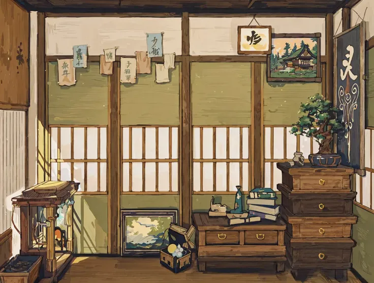 there is a room，there are a lot of furniture and a window inside, personal room background, inspired by yoshida toshi, room of t...