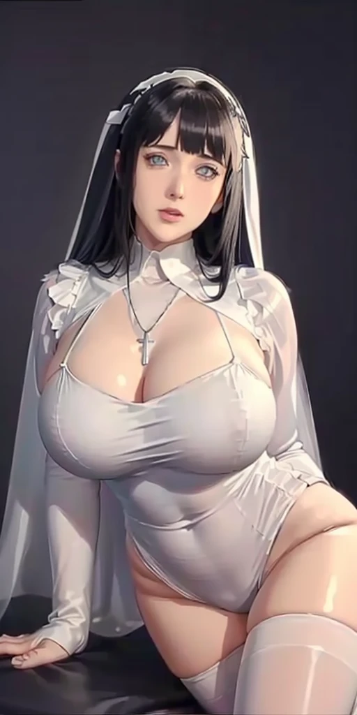 (（（Perfect body,White and tender skin,（（（(nun),cross,necklace,cross necklace,Veil,white romper,white_thighhighs,black dress,）））,（（（hyuugahin,hyuugahin,hinata(boruto),hyuugahin, "black long hair", blue eyes,blunt bangs）））,((masterpiece)),high resolution, ((...