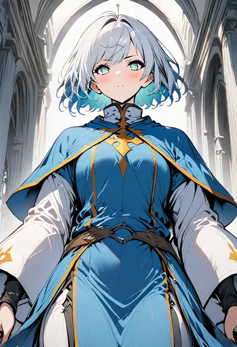 1boy, cleric , white short hair , blue clothes